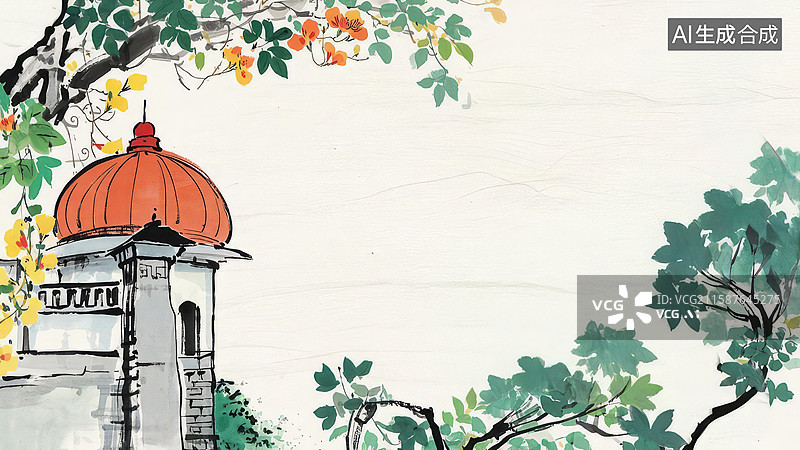 【AI数字艺术】水墨画最大-水墨画背景壁纸1古塔绿树映衬下的橙顶建筑图片素材