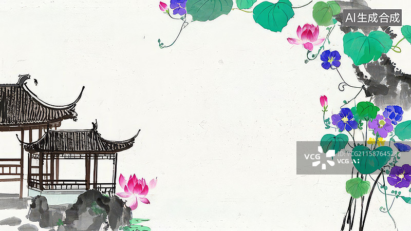 【AI数字艺术】水墨画最大-水墨画背景壁纸1古典建筑与花卉的水墨画图片素材