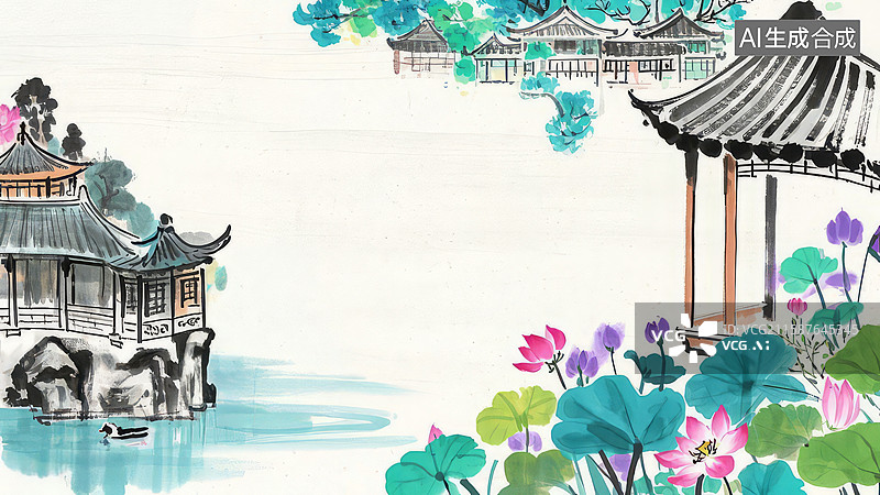 【AI数字艺术】水墨画最大-水墨画背景壁纸1古典园林与荷花池图片素材