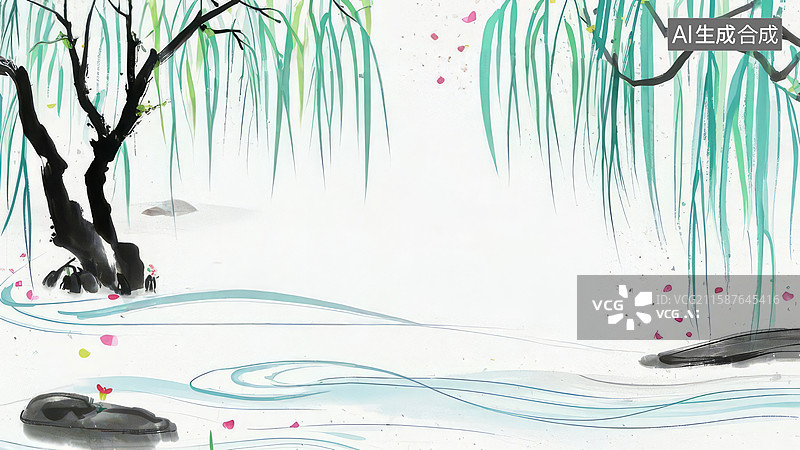 【AI数字艺术】水墨画最大-水墨画背景壁纸1水墨风格的柳树与河流图片素材
