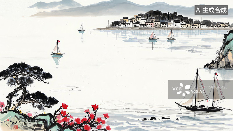【AI数字艺术】水墨画最大-水墨画背景壁纸1江畔渔舟与远山村落图片素材