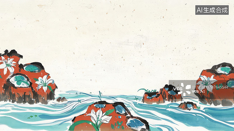 【AI数字艺术】水墨画最大-水墨画背景壁纸1水边岩石上的白色花朵图片素材