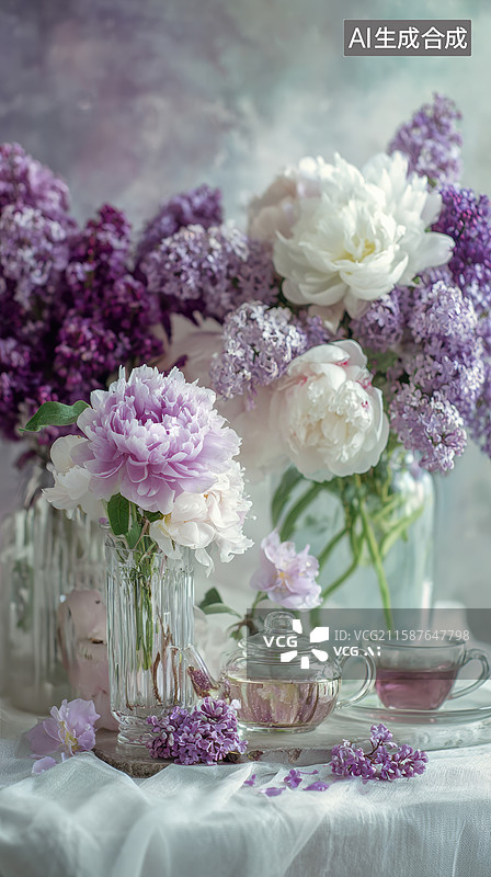 【AI数字艺术】紫丁香与白牡丹的静谧花艺图片素材