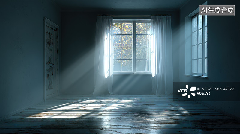 【AI数字艺术】阳光透过窗户洒进空旷房间图片素材