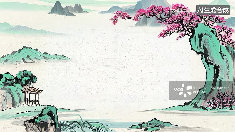 【AI数字艺术】水墨画最大-水墨画背景壁纸1山水画中的粉花绿树与亭台图片素材