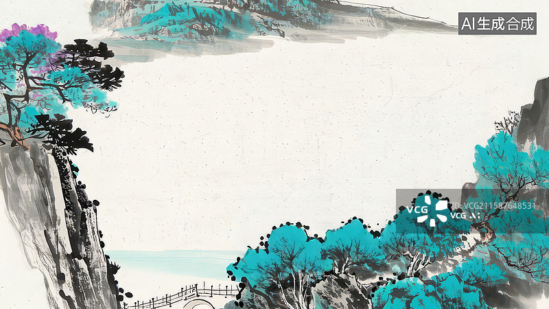 【AI数字艺术】水墨画最大-水墨画背景壁纸1青绿山水，松柏点缀图片素材