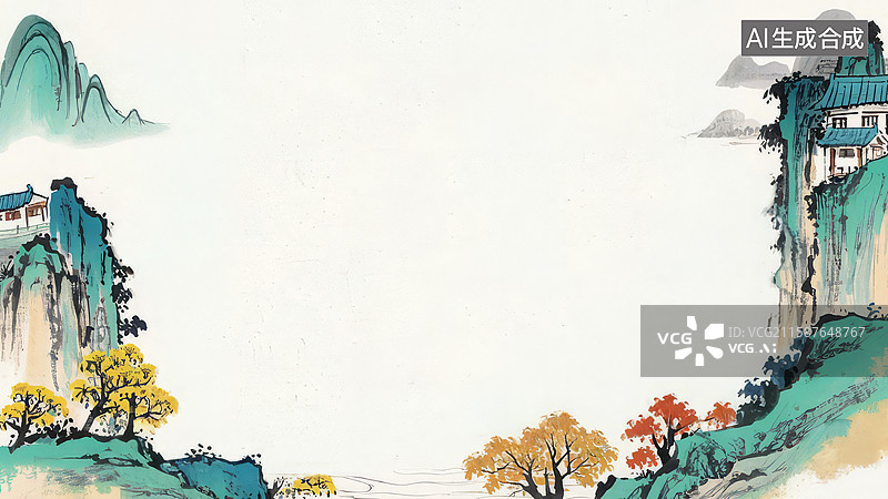 【AI数字艺术】水墨画最大-水墨画背景壁纸1山水画中的秋色与古建筑图片素材