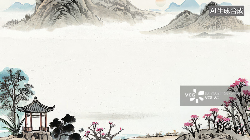 【AI数字艺术】水墨画最大-水墨画背景壁纸1山水画中的亭台与花树图片素材