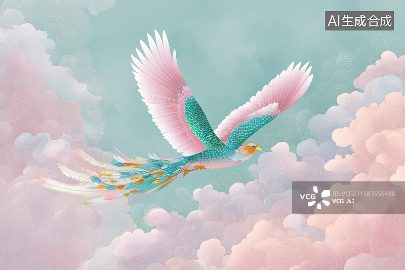 【AI数字艺术】彩羽飞鸟云间翱翔梦幻插画图片素材