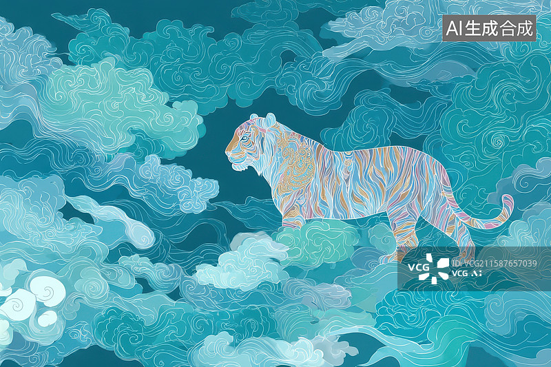【AI数字艺术】云端跃虎水墨风动态插画图片素材