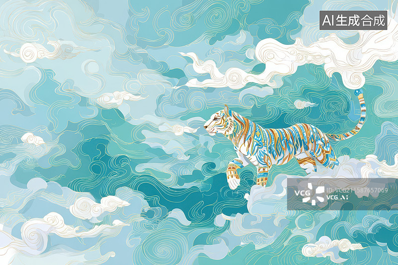 【AI数字艺术】云端跃虎水墨风动态插画图片素材