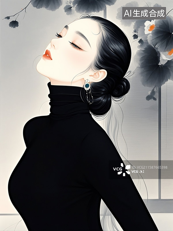 【AI数字艺术】手绘插画，美女优雅迷人，线条简单，仰着头，闭着双眼很陶醉的样子，长睫毛，中式画风，长发盘起，黑色高领图片素材