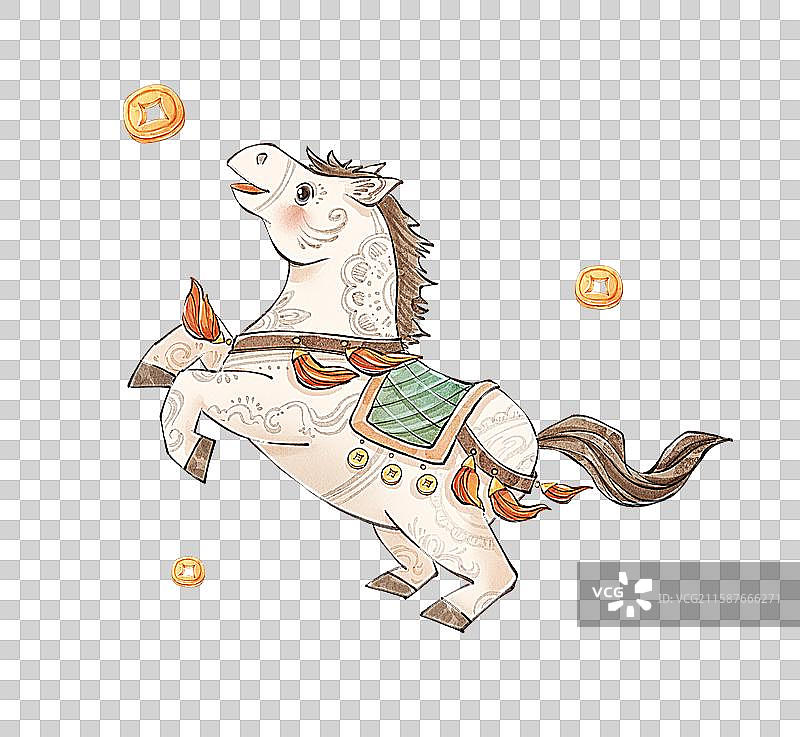 手绘水彩白马与铜钱免抠元素图片素材