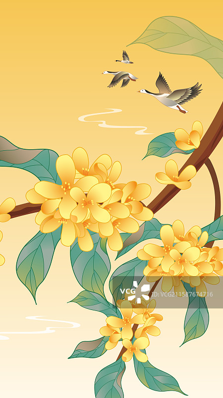 秋分节气国潮风新中式风格花卉桂花矢量插画图片素材