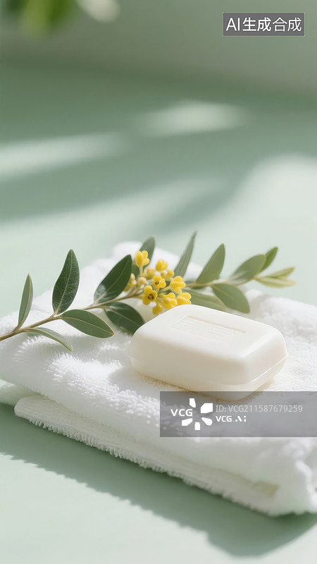 【AI数字艺术】白色毛巾上的肥皂与绿植图片素材