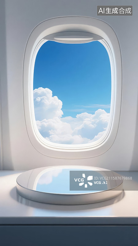 【AI数字艺术】飞机舷窗，蓝天白云美景图片素材