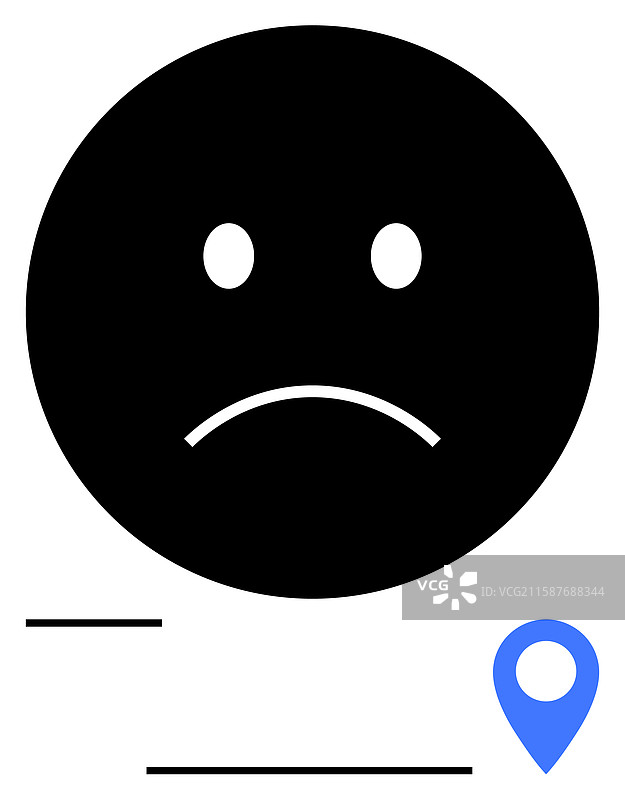 蓝色位置图钉上方的悲伤表情图片素材