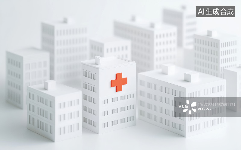 【AI数字艺术】3D三维白色卡通医院与城市模型背景医院图片素材