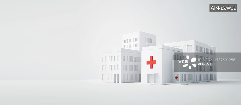 【AI数字艺术】3D三维白色卡通医院与城市模型背景医院图片素材