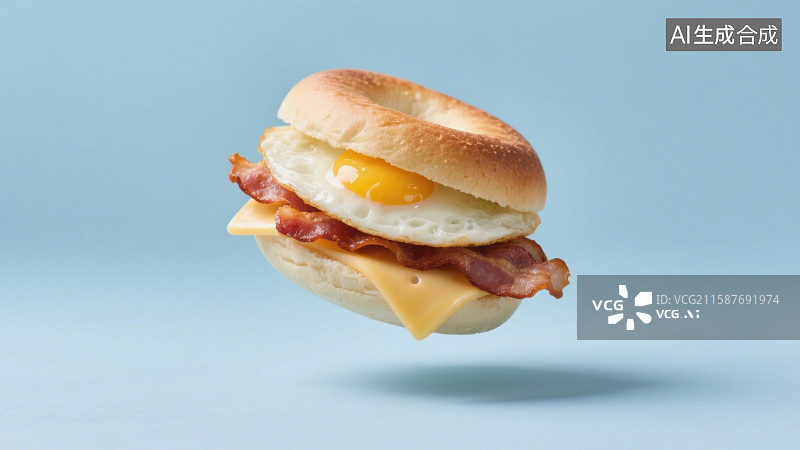 【AI数字艺术】贝果汉堡夹有煎蛋培根漂浮在半空中图片素材