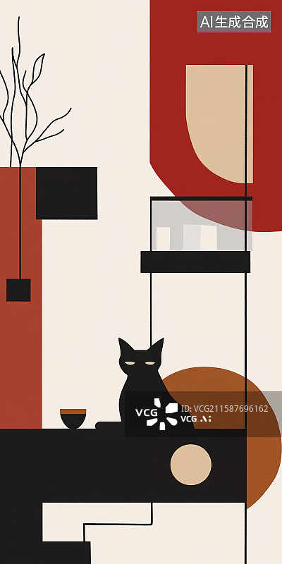 【AI数字艺术】黑猫抽象风扁平插画图片素材