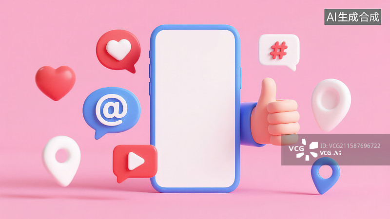 【AI数字艺术】粉色背景下悬浮着各种社交媒体图标和一个点赞姿势的手与白色屏幕的智能手机图片素材