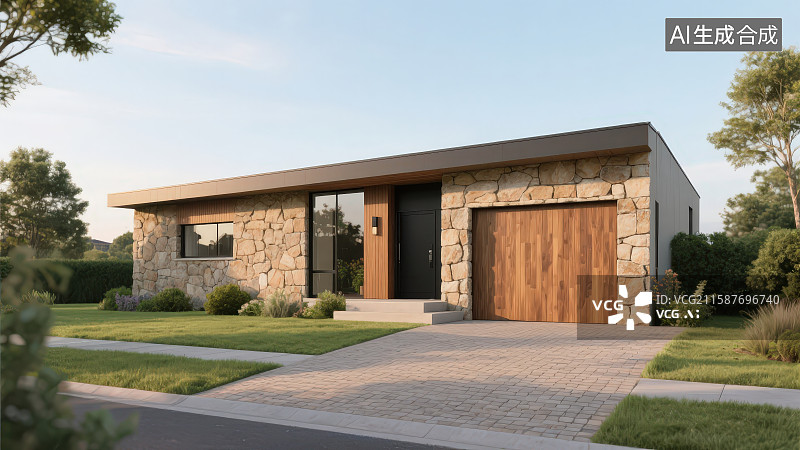 【AI数字艺术】现代简约风格石砌外立面别墅建筑和停车库，汽车广告背景图图片素材