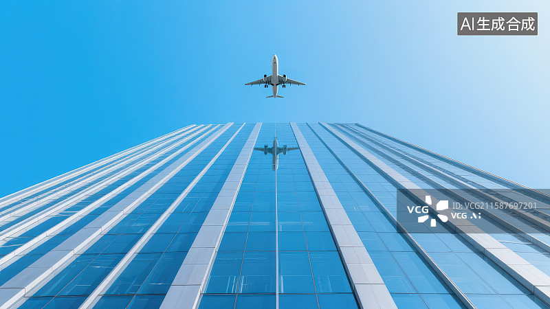 【AI数字艺术】仰拍高楼玻璃幕墙建筑上空飞过的飞机图片素材