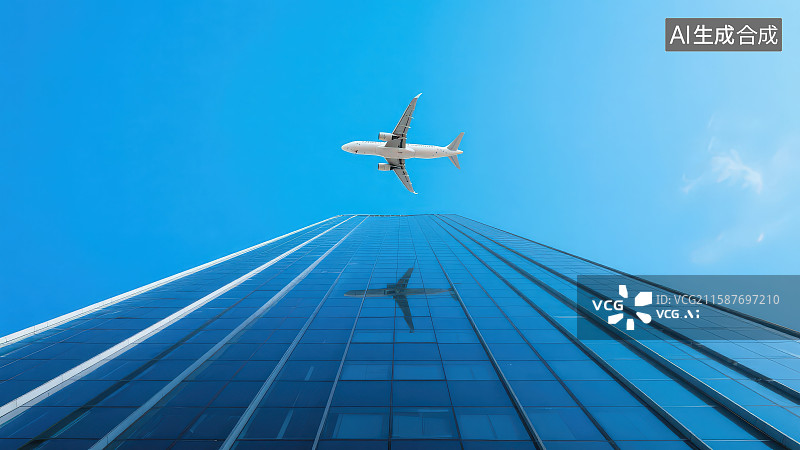 【AI数字艺术】仰拍高楼玻璃幕墙建筑上空飞过的飞机图片素材