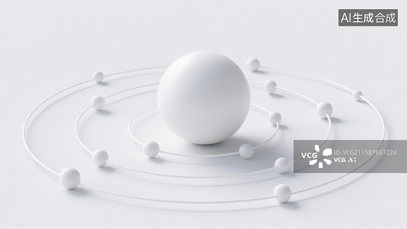 【AI数字艺术】由中心大球体环绕的同心轨道及轨道上的小球体组成类似原子结构或太阳系轨道的形态图片素材