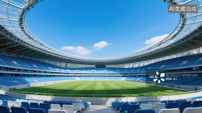 【AI数字艺术】晴朗天气蓝天白云下的观众看台俯瞰整个体育场足球场图片素材