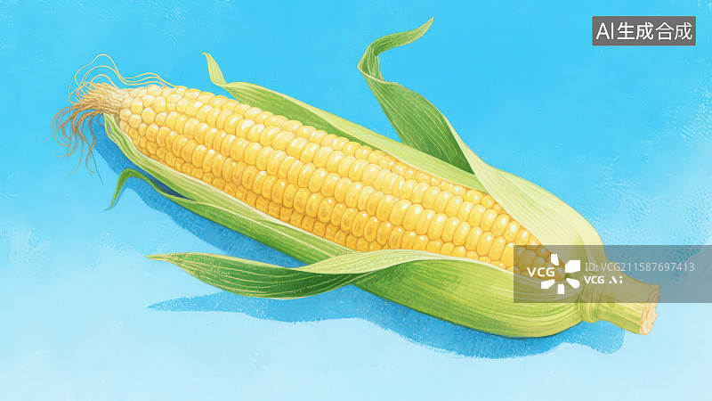 【AI数字艺术】水彩插画风格带绿色苞叶和玉米须的玉米棒图片素材