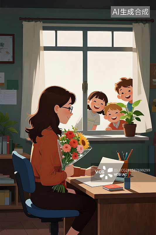 【AI数字艺术】女老师坐在教师办公桌前，一手拿着一束鲜花另一只手拿着贺卡图片素材