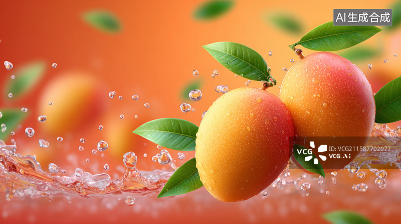 【AI数字艺术】带有水花和绿叶的新鲜芒果图片素材