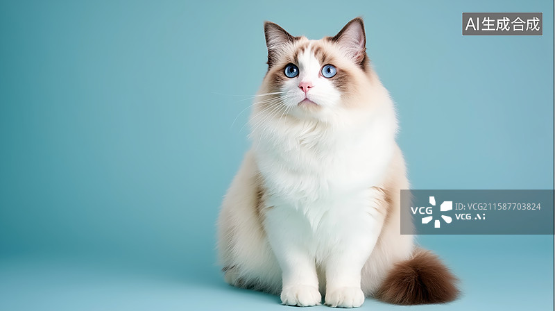 【AI数字艺术】蓝眼长毛猫端坐于浅蓝背景前图片素材