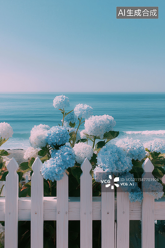 【AI数字艺术】海边白色栅栏上的蓝色绣球花图片素材