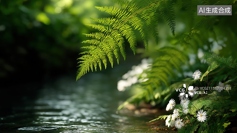 【AI数字艺术】溪边绿植与小白花的自然美景图片素材