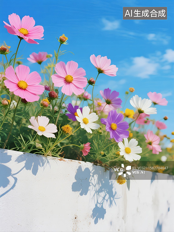 【AI数字艺术】五彩缤纷的波斯菊与蓝天图片素材