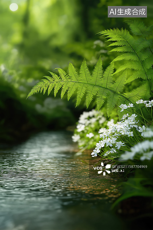 【AI数字艺术】溪边绿植与小白花的自然美景图片素材