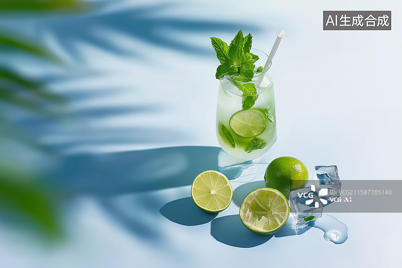 【AI数字艺术】清凉薄荷柠檬饮品与冰块图片素材