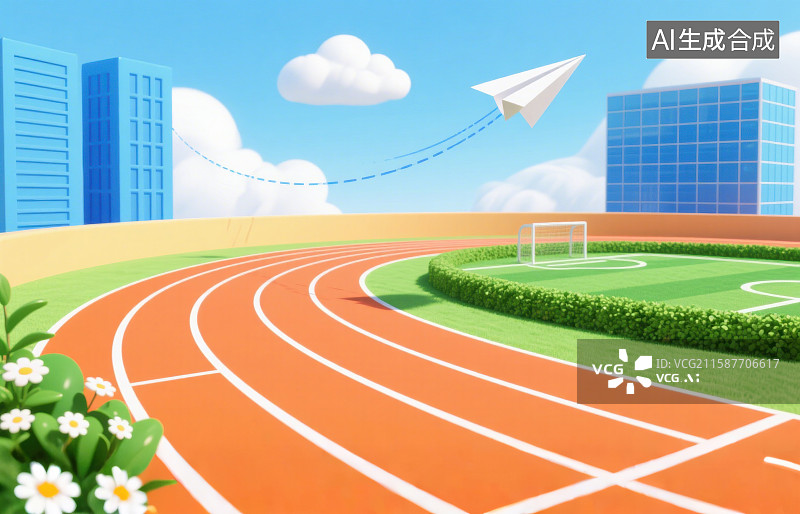 【AI数字艺术】3D三维纸飞机飞在学校操场塑胶跑道教师节图片素材