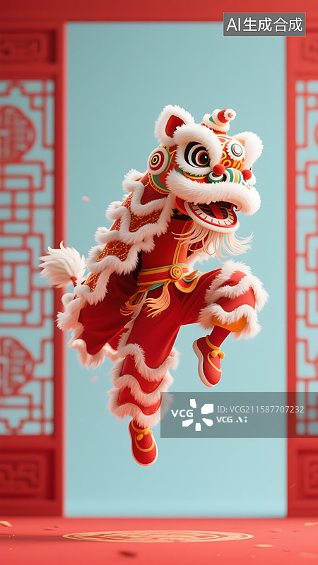 【AI数字艺术】三维图形舞狮表演图片素材