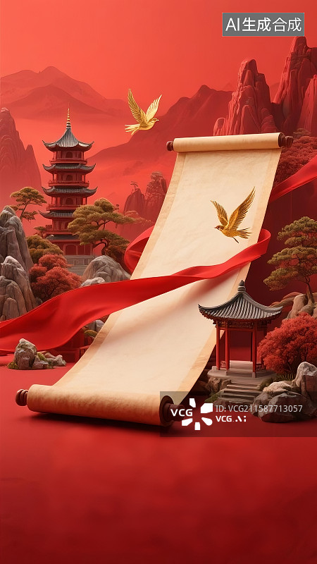 【AI数字艺术】国庆节、新中国成立 76 周年（1949 - 2025）、中国卷轴、传统中式建筑（宝塔、亭台）、山水景观、图片素材