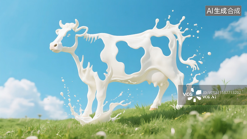 【AI数字艺术】草原白色牛奶组合而成的奶牛图片素材