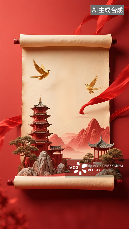 【AI数字艺术】国庆节、新中国成立 76 周年（1949 - 2025）、中国卷轴、传统中式建筑（宝塔、亭台）、山水景观、图片素材