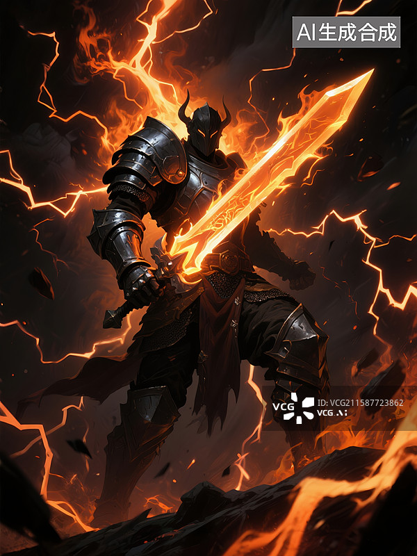 【AI数字艺术】雷电火焰中的英雄图片素材