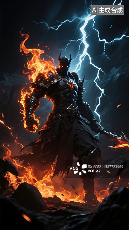 【AI数字艺术】雷电火焰中的英雄图片素材