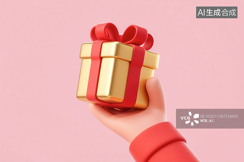 【AI数字艺术】3D立体三维C4D一只手拿着一个金色礼物盒图片素材