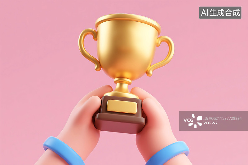 【AI数字艺术】3D立体三维C4D双手举着金色奖杯图片素材