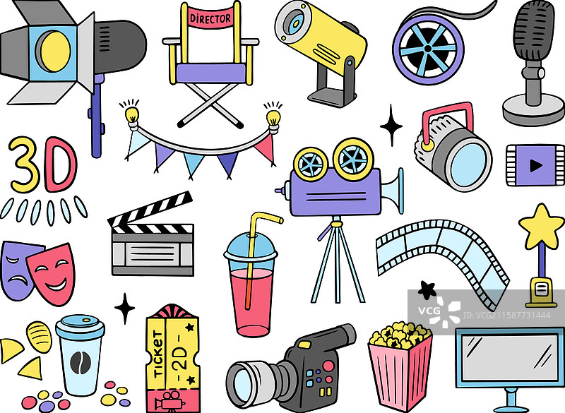 电影图标涂鸦风格的电影院符号与胶卷图片素材